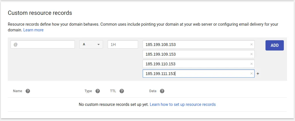 Adicionando os endereços de IP em Custom Resource Records