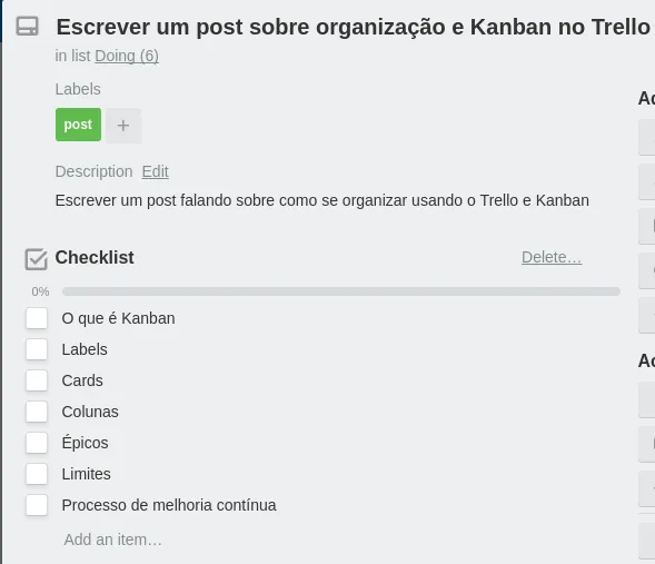 Imagem de um checklist no Trello, uma lista com caixas para selecionar quando finalizados os itens listados