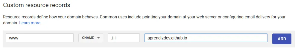 Adicionando o CNAME no Google Domains