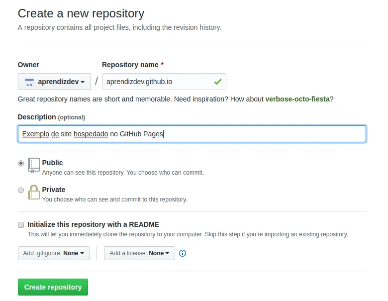 Criando o repositório para o GitHub Pages